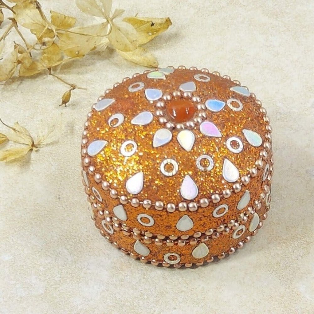 VTG Jewelry Box Orange Round Glitter Trinket Gift Beads Ornament Velvet Interior